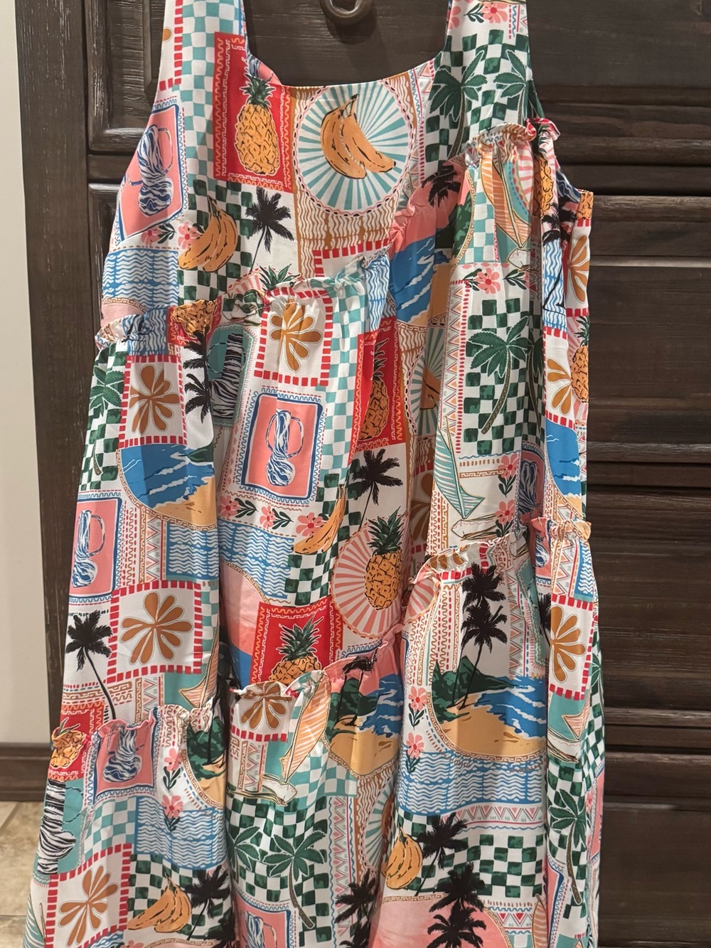 Skies Are Blue Tropical Print lined Dress in Coral, Teal & Yellow